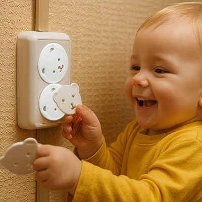 Enfant souriant avec plusieurs protèges-prises bébé ourson™