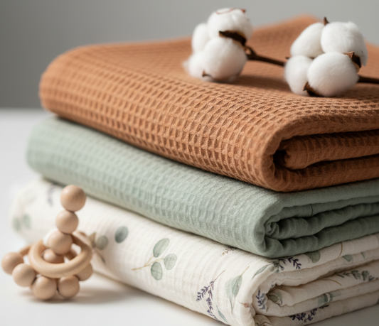 Comparatif des différents tissus de lingettes lavables pour bébé : éponge coton, bambou et flanelle.