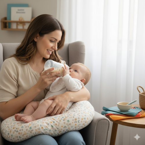 Maman nourrissant bébé au biberon, assise dans un fauteuil avec un coussin d'allaitement. Accessoires de repas sur la table.