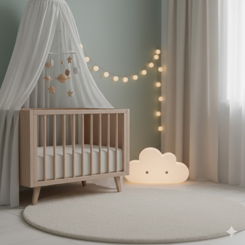 Chambre de bébé moderne. Berceau avec mobile, veilleuse nuage et guirlandes lumineuses pour une ambiance calme.