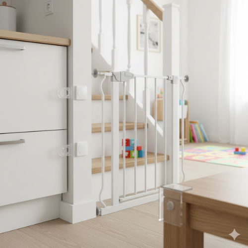 Maison sécurisée pour bébé. Barrière d'escalier, caches-prises et protections d'angle de table visibles.