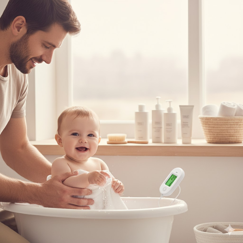 Père donnant le bain à son bébé joyeux. Un thermomètre de bain numérique est visible, avec des produits de soins en arrière-plan.