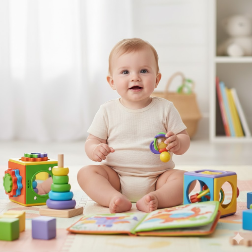 Bébé joyeux jouant avec des jouets d'éveil colorés. Cube d'activités, hochet et livre en tissu.