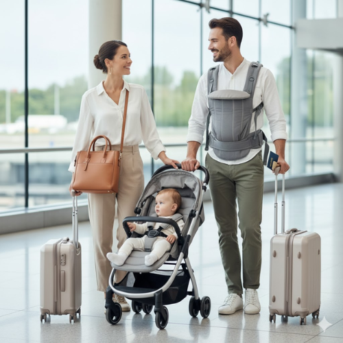 Couple voyageant dans un aéroport avec leur bébé dans une poussette compacte. Le père porte un porte-bébé et ils ont des valises élégantes.