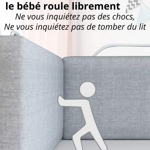 Un bébé roule librement et en toute sécurité sur le lit, protégé par la barrière de lit Sécureo™ qui prévient les chocs et les chutes.
