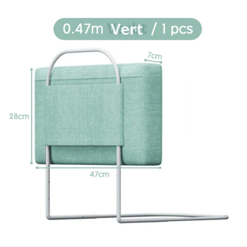Barrière de lit Sécureo™ de couleur verte, avec un diagramme montrant ses dimensions (hauteur et largeur).