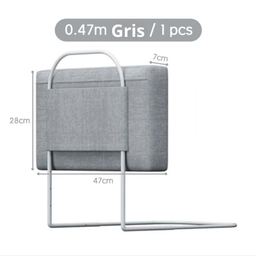 Barrière de lit Sécureo™ de couleur grise, avec un diagramme montrant ses dimensions (hauteur et largeur).