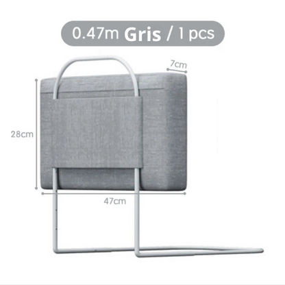 Barrière de lit Sécureo™ de couleur grise, avec un diagramme montrant ses dimensions (hauteur et largeur).