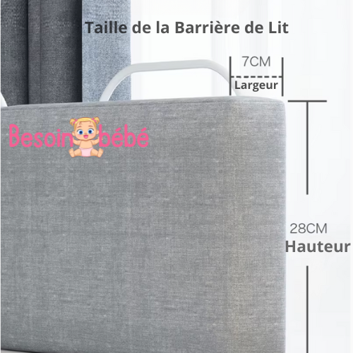 Diagramme de la barrière de lit Sécureo™ avec ses dimensions clés, indiquant la hauteur et la largeur du produit.