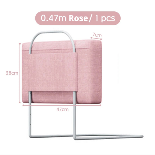 Barrière de lit Sécureo™ de couleur rose, avec un diagramme montrant ses dimensions (hauteur et largeur).