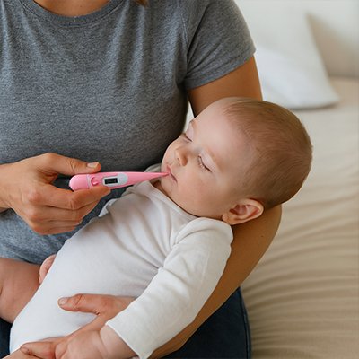 Image d'une jeune mère prenant doucement la température de son bébé endormi avec le thermomètre à contact rose du Kit'Soins™, illustrant la sécurité et la sérénité du soin.