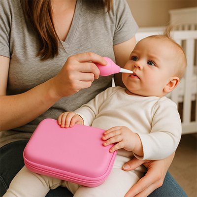 Maman tenant son bébé dans les bras et utilisant l’Aspirateur Nasal Le Kit’Soins™ pour dégager en douceur le nez de son bébé.