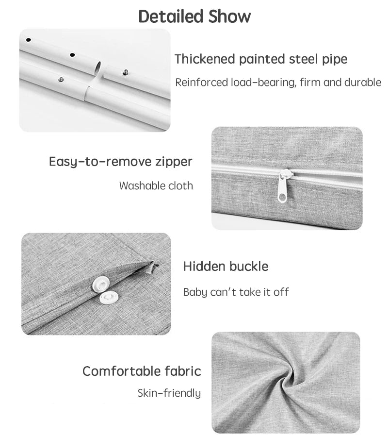 Vue détaillée d'une barrière de lit pour enfant, montrant ses principales caractéristiques : une fermeture éclair facile à retirer, une boucle de sécurité cachée, un tissu confortable et un tuyau en acier peint épaissi.