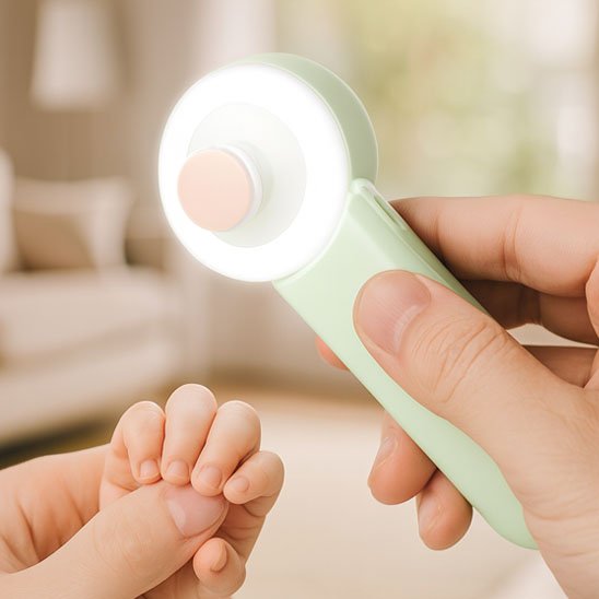 Gros plan sur les mains d'une maman utilisant La LumiOngles™ au design ergonomique, sa prise ferme sur l'appareil et son soutien doux de la petite main de bébé, garantissant un contrôle optimal et sans stress.