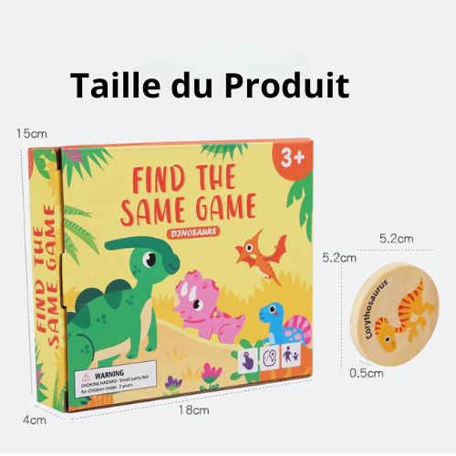 Jeu de mémoire cognitive en bois "Find the Same Game" avec jetons de dinosaures pour favoriser le développement cognitif et la concentration des enfants dès 3 ans.