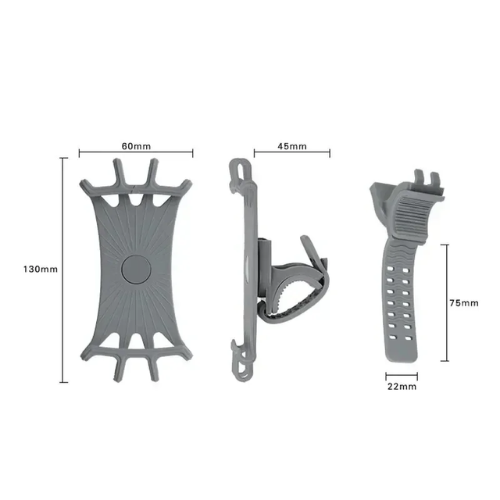 Diagramme technique du support de téléphone Fix'Mobile™ montrant les dimensions : 130mm de hauteur, 60mm de largeur, et les dimensions de la sangle de fixation (75mm).