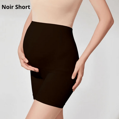 Short de grossesse noir LeggingTherm™ avec bandeau de soutien élastique pour un maintien confortable du ventre durant l'été.