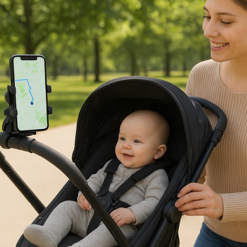 Jeune maman heureuse consultant son téléphone fixé sur la poussette avec le support Fix'Mobile™ pour le GPS, son bébé sourit confortablement dans le landau.