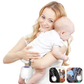 Maman souriante avec son bébé, le stérilisateur UV portable BesoinBébé™ accroché à son doigt. Vignettes : produit fixé au sac à dos et à la poussette.