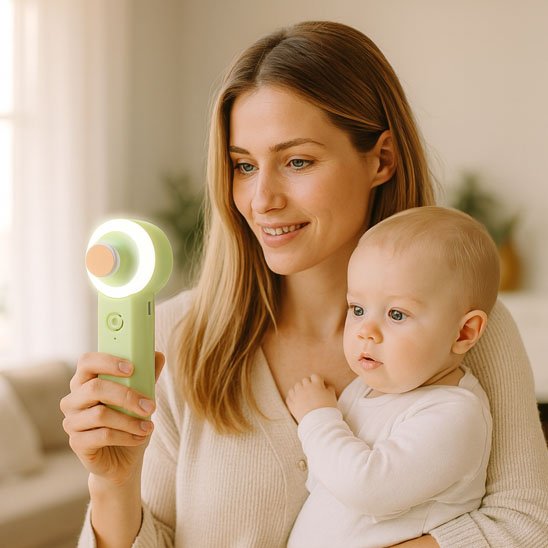 Une mère tenant un bébé (sur sa main gauche) et notre produit. La mère et le bébé regardent le produit lumineux, illustrant l'engagement et l'attraction pour le produit.
