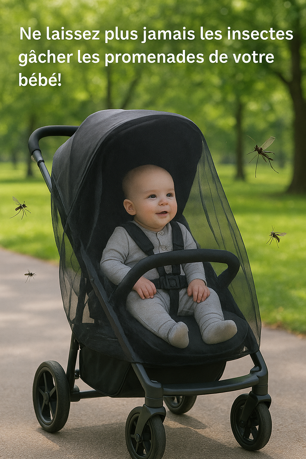 Moustiquaire de poussette BesoinBébé™ offrant une protection anti-moustique et anti-insectes complète pour bébé lors des promenades en plein air, avec maille fine et respirante assurant confort et sécurité.