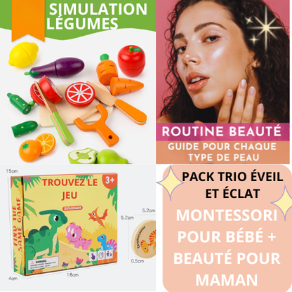 Pack Trio Éveil et Éclat comprenant un set de simulation légumes en bois, un jeu de mémoire dinosaure et un guide routine beauté offert pour maman.