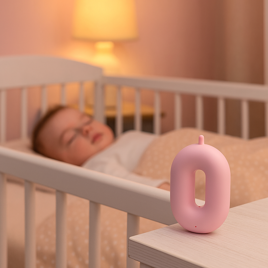 Mini Purificateur d'air pour chambre de bébé, posé près du berceau pour un sommeil profond et un air purifié contre les allergènes.