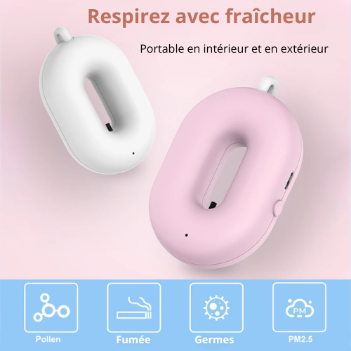 Mini Purificateur d'air portable en deux couleurs (rose et blanc), conçu pour une utilisation intérieure et extérieure, qui protège contre le pollen, la fumée, les germes et les particules fines PM2.5 pour une respiration saine.