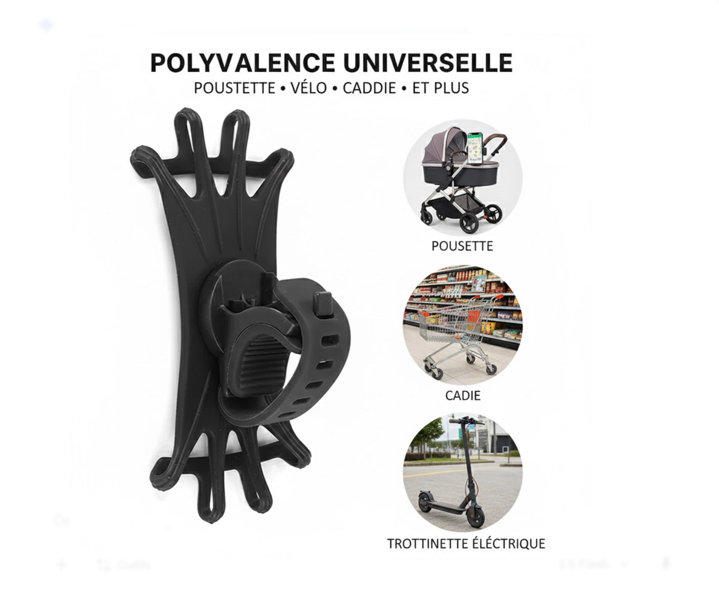 Image montrant la polyvalence du support de téléphone universel pour fixation sur poussette, caddie de supermarché, vélo et trottinette électrique.